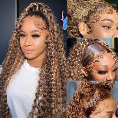 Aimking 13x6 Highlight Ombre Lace Front Wig Human Hair Wigs For Women 180% Density 4/27 HD Deep Wave Lace Frontal Wigs Curly Honey Blonde Wig Human Hair Pre Plucked With Baby Hair Colored (26 Inch)