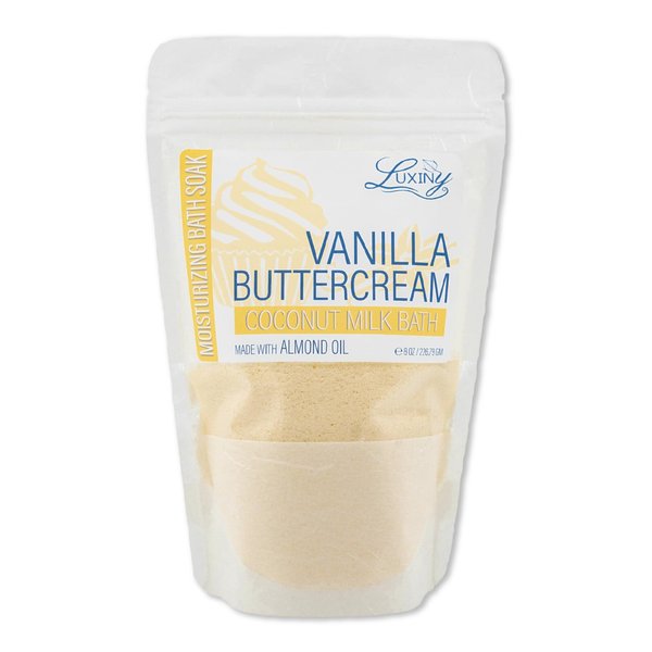 Luxiny Vegan Milk Bath Soak Made with Moisturizing Coconut Milk Powder & Sweet Almond Oil for a Bath Bomb Dust Soothing Fizz & Relaxing Soak, 8 oz. (Vanilla Buttercream)