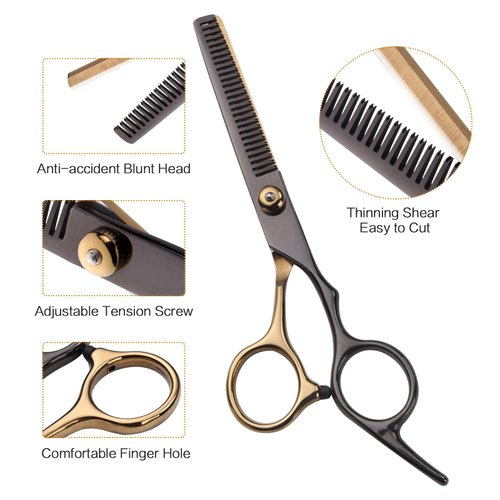 Hair Cutting Scissors Kit, Hair Scissors Professional Haircut Scissors with Stainless Steel Hair Shears, Thinning Shears, Haircut Accessories in Leather Case for Salon/Home- 10PCS Gold Black