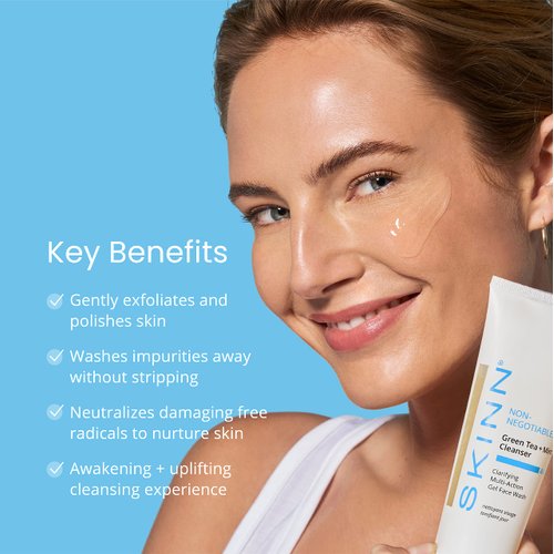 SKINN Daily Morning Face Wash, Green Tea + Mint Cleanser, 4oz - Gentle Exfoliating Facial Cleanser for All Skin Types - Formulated with Antioxidant & Botanical Oils & Salicylic Acid