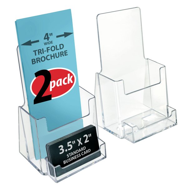 Azar Displays 252922-2PK Counter Trifold Brochure Holder with Business Card Pocket, 2-Pack, Clear