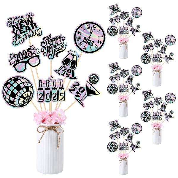 Wenqik 40 Pcs Iridescent Happy New Years Centerpiece Sticks 2025 Disco New Year Table Centerpieces for 2025 New Years Eve Party New Year Disco Party Decorations