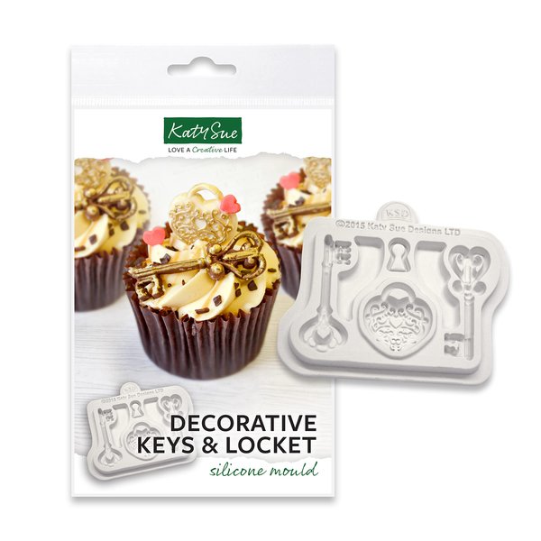 Katy Sue 2 Decorative Keys & Locket Silicone Mold for Cake Decorating & Craft - Keys 2 x 0.7 inch, Locket 0.6 x 0.7 inch