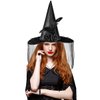 Welkin Halloween Black Witch Hat for Women with Soft Lace Mesh Rose& Feathers，Black Foldable Pointed Cap for Halloween Witch Costume or Halloween Party