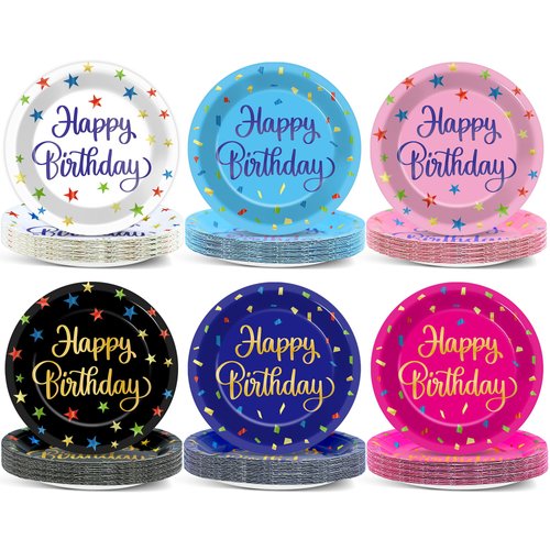 Naozinebi 72PCS Happy Birthday Plates Birthday Party Supplies Confetti Tableware Colorful Stars Plates Disposable Plate Dessert Paper Plates for Boys Girls Kids Baby Shower Favors Decors 7inch