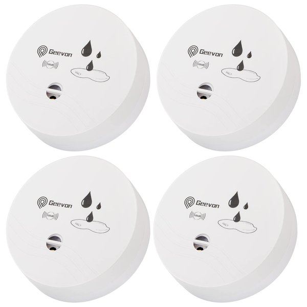 Geevon 4 Pack Water Leak Detectors, 100dB Water Sensor Alarms Flood Detector for Basements, Bathrooms, Laundry Rooms, Kitchens, Garages, and Attics, Water Alarms Battery-Operated (Battery Included)