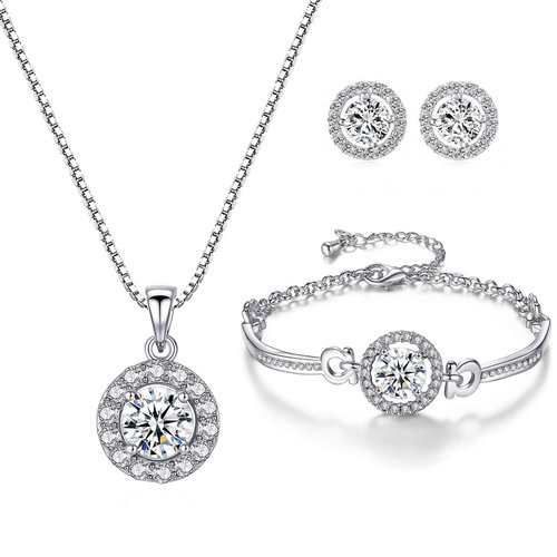 YooAi Jewellery Set Round Pendant Necklace Earrings and Bracelet Set Cubic Zirconia Jewellery for Women Round Silver