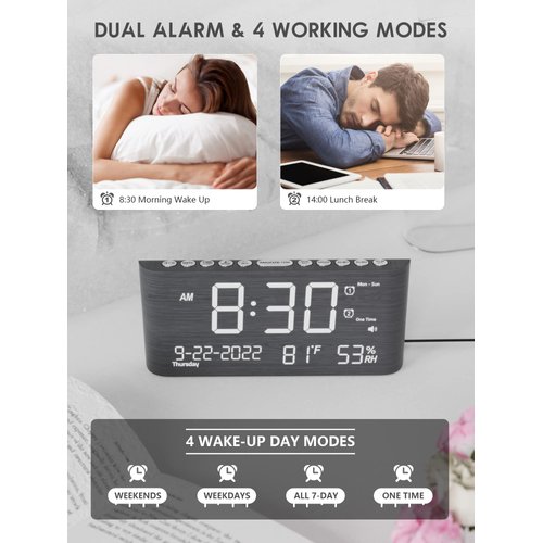 Digital Clocks for Bedrooms, Wooden Alarm Clock with Temperature and Humidity,Dual Alarm,Weekday/Weekend Mode,Snooze,USB Charger,Adjustable Brightness & Volume,Electric Clocks for Living Room Office