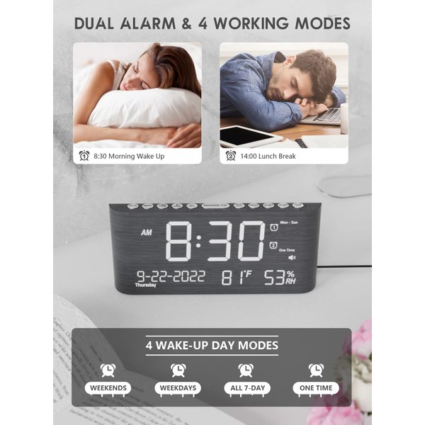 Digital Clocks for Bedrooms, Wooden Alarm Clock with Temperature and Humidity,Dual Alarm,Weekday/Weekend Mode,Snooze,USB Charger,Adjustable Brightness & Volume,Electric Clocks for Living Room Office