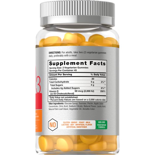 Vitamin D3 2000iu Gummies | 90 Count | Vegetarian | Pineapple Flavor | Non-GMO, Gluten Free Vitamin D Supplement | 50 mcg | by Horbaach