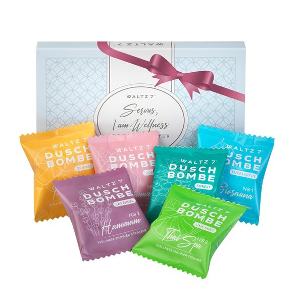 WALTZ 7 Shower Bomb Set, 6 Steamers, 6 Scents, Made in Europe, Essential Oils, Unique Spa Stress Relief, Must Have Gadget, Appreciation Gift for Her, Him, Women, Men, Mom, Coworker, Stocking Stuffers