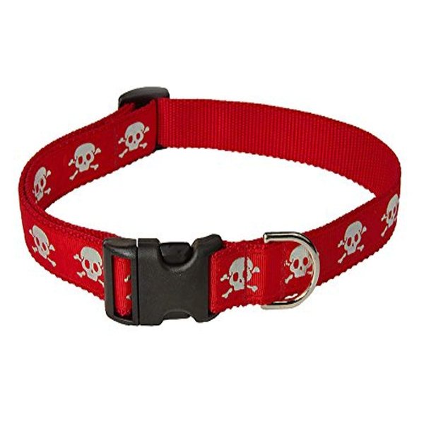 Small Red Reflective Skull Dog Collar: 5/8" wide, Adjusts 10-14" - Made in USA.