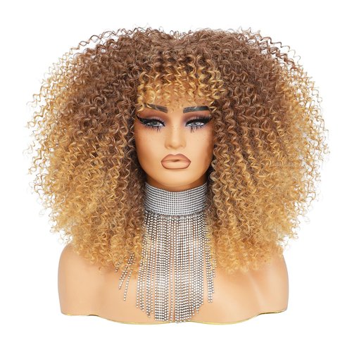 DZfirst Curly Wig With Bangs for Black Women 16 Inch Afro Bomb Curly Wigs for Black Women Premium Synthetic Fiber Glueless Long Kinky Curly Wig (Ombre Blonde)