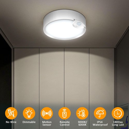 Yurnero Battery Operated Lights Ceiling Light with 400LM Dimmable 3000K/6000K-Battery Powered Ceiling Light for Shower Closets Corridor Laundry Stairs Garage Porch Bathroom