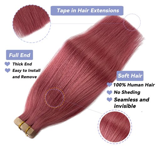 24Inch Pink Remy Tape in Hair Extensions Premium 100% Human Hair with Invisible Tape in Attached Semi Permanent Hair Extensions Silk Straight Human Hair Extensions 70grams for Girls/Women