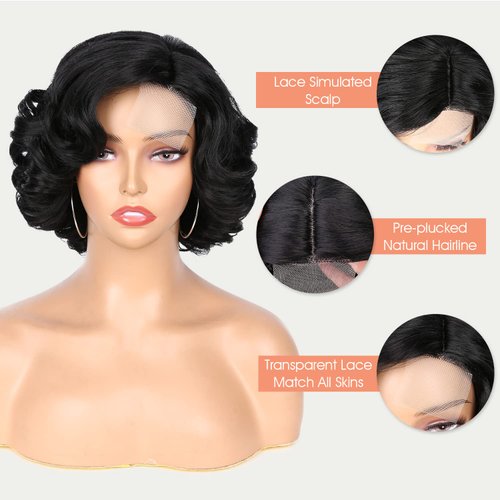 WIGNEE Short Curly Bob Wig Short Curly Wigs for Black Woman Body Wave Side Part Synthetic Short Wigs for Black Women Wear and Go Glueless Wig for Beginners(10"-Black)