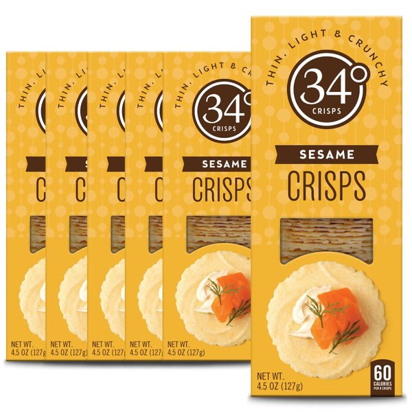 34 Degrees Sesame Crisps | Light & Crunchy Thin Crackers for Charcuterie, Cheese Boards & Entertaining, 6 Pack (4.5oz each)