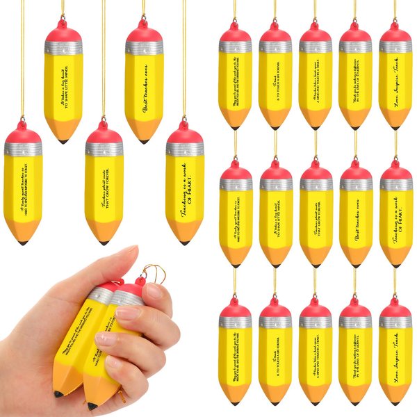 Cholemy 20 Pieces Preschool Teacher Gifts Motivational Stress Balls Art Teacher Pencil Stress Toys Inspirational Pencil Stress Relief Balls with Appreciation Quotes Hanging Ornaments with Gold Ribbon