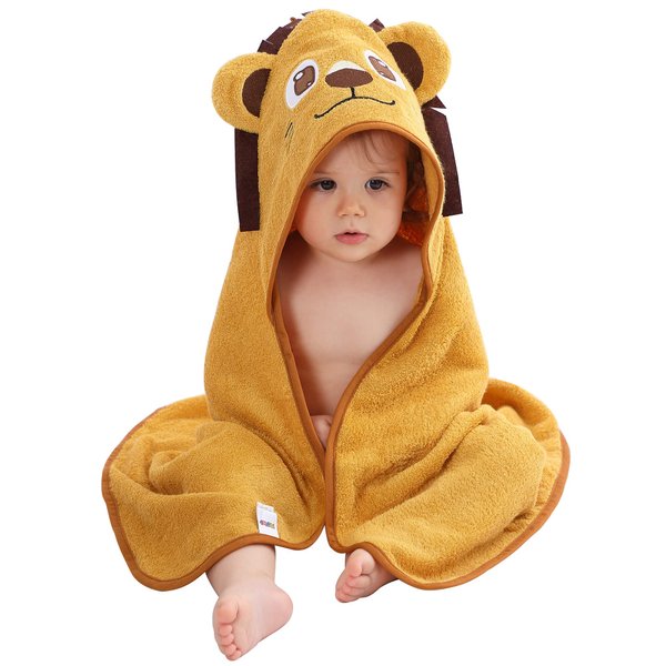 MICHLEY Bamboo Viscose Baby Hooded Bath Towel for Boys and Girls, 29.5 x 29.5 Inch Ultra-Soft and Quick-Drying Infant Bathrobe (Lion)