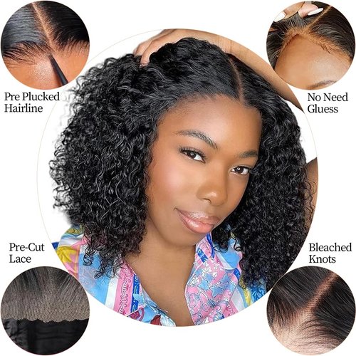 Wear and Go Glueless Wigs Human Hair Pre Plucked Pre Cut Curly Bob Wigs Human Hair Upgraded 4x4 No Glue Water Wave Lace Closure Wigs Human Hair for Women Natural Black 14 Inch
