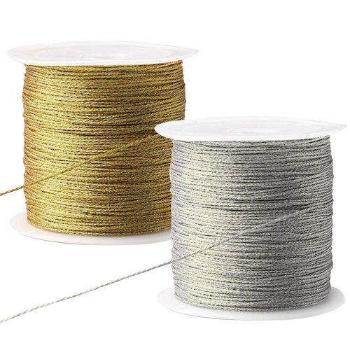 Pengxiaomei 218 Yards/656 Feet Metallic Cord 2 Pcs Spool Metallic Thread Colored Jewelry Thread Colored Craft Gold String Tinsel String Craft Making Cord for Gift Wrapping(0.5mm)