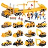 Oriate Construction Cars Toys for Kids, Diecast Engineering Vehicles Toy Set w/Flatbed Trailer & Road Signs, Excavator,Bulldozer, Forklift, for 3 4 5 6 Years Old Children Great for Easter Baskets