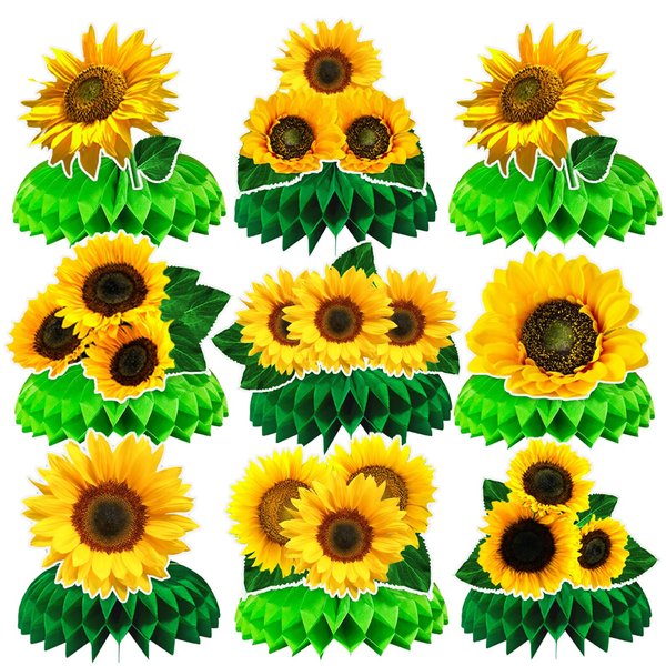 9Pcs Sunflower Birthday Party supplies set Honeycomb Centerpieces Double Sided Table Topper for Sunflower Birthday Party Decorations (Sunflower)