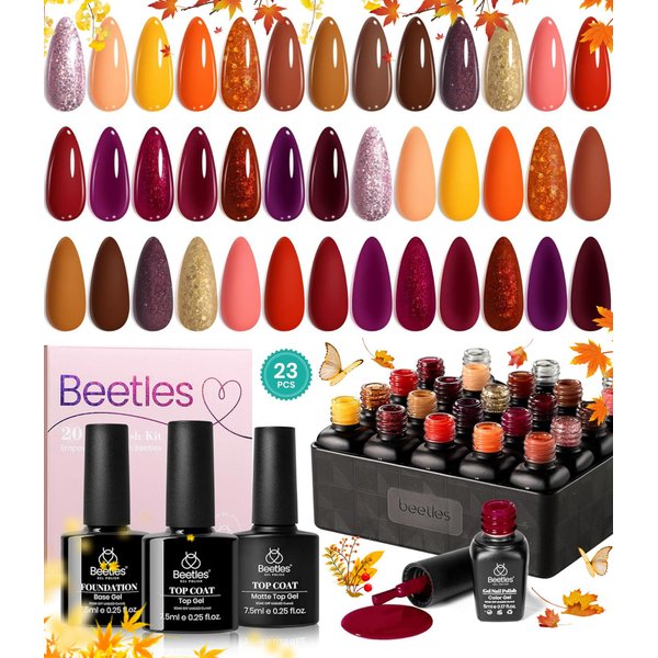 Beetles 23Pcs Fall Gel Nail Polish Kit Winter 20 Colors with Base Gel Top Coat Orange Brown Burgundy Red Yellow Gel Polish Set Soak off Uv Golden Glitter Holiday Nail Art Gift for Girls