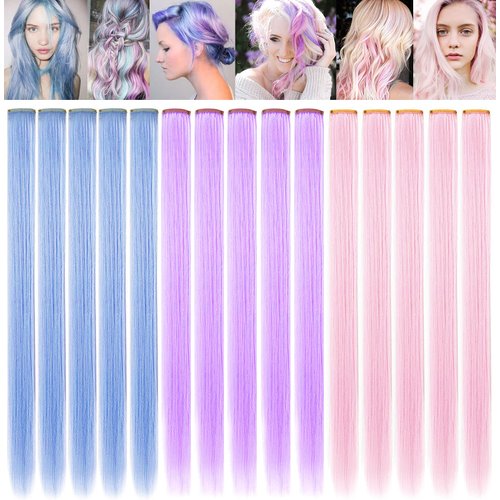 SARARHY Colored Hair Extensions Clip in for Girls and Kids 21inch Party Highlights Straight Multicolored Long Hairpiece Costume Accessories 12 PCS (Light blue,Light pink,Light purple)