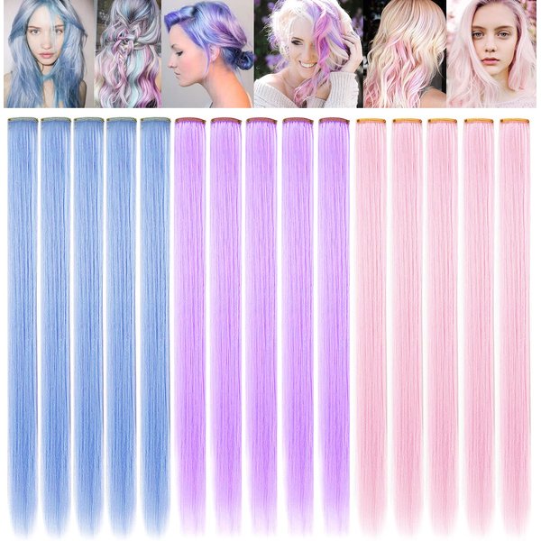 SARARHY Colored Hair Extensions Clip in for Girls and Kids 21inch Party Highlights Straight Multicolored Long Hairpiece Costume Accessories 12 PCS (Light blue,Light pink,Light purple)