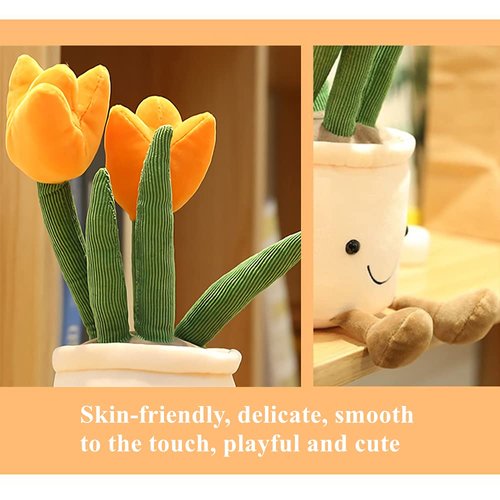WUZHOU Tulip Plush Toy, 13.7" Flower Pot Stuffed Plushie Pillow Decoration, Soft Fluffy Toy Succulent Plants Friend Throw Pillow, Multicolor (Orange-Tulip)