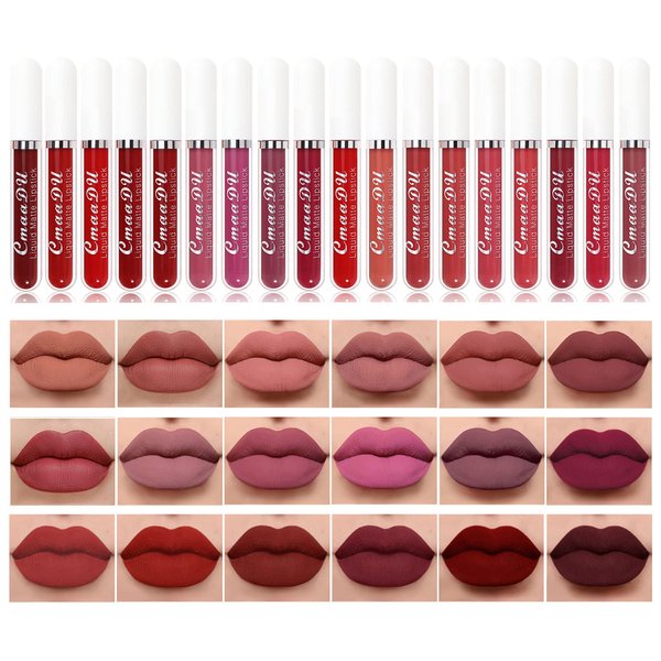 BONNIE CHOICE 18Pcs Matte Liquid Lipstick Set, Waterproof Long Lasting Non-Stick Cup Nude Lipstick Dark Red Lipstick for Women 24 Hour High Pigmented Lip Gloss Set Mother's Day Gift Sets for Women