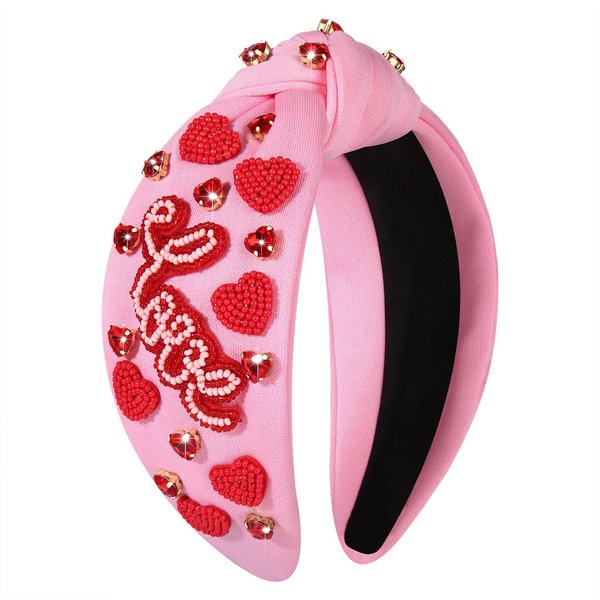 Heart Headband for Women Valentine's Day Knotted Headband Beaded Rhinestone Heart Hairband Crystal Galentines Day Top Knot Headband Valentine's Day Hair Accessories Holiday Gifts (LOVE Heart)