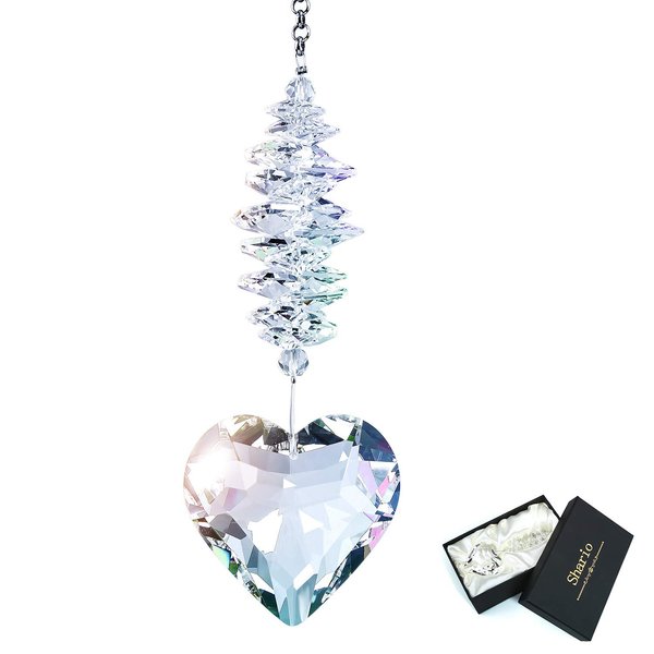 Shario 45mm Clear Glass Heart Crystal Ball Prism Pendant, Suncatcher for Windows, Indoor Outdoor Garden Hanging Décor, Gifts for Women, Mom and Children (Clear)…