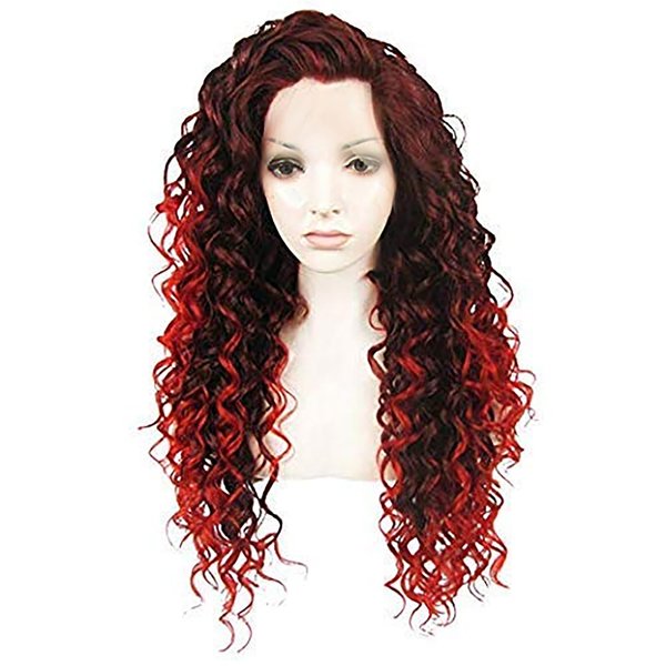 Ebingoo +Wig Cap Omber Red Black Lace Front Wig Ombe Wine Red Curly Lace Front Wig Long Curly Lace Front Wig Free Part Synthetic Wig Burgundy Lace Front wigs Red Wig for Women Party Halloween