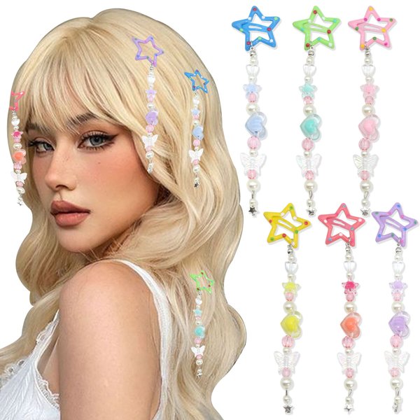 SAWINDA Cute Star Hair Clips 6 Pack Snap Hair Barrettes with Butterfly Pearl Beaded Pendant Hair Jewelry Non-Slip Star Hair Accessories Hair Pins for Women and Girls