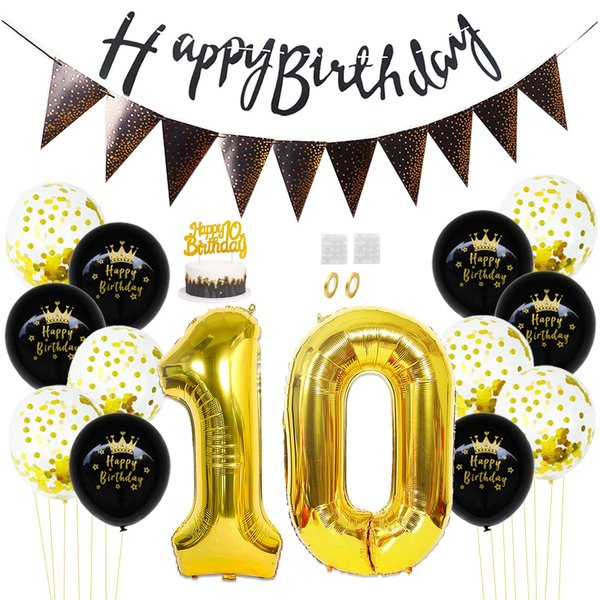 Daimay 10th Birthday Party Decorations Gold Black Happy Birthday Latex Confetti Balloons Triangle Flag Banner Number 10 Foil Balloon Cake Topper for Men Women Anniversary Birthday Party Supplies
