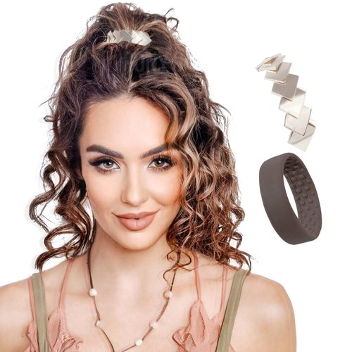 PONY-O and BLING RINGZ Set - Revolutionary Hair Tie Alternative Ponytail Holders - Brown Medium PONY-O with Stylish Silver Diamond BLING RINGZ
