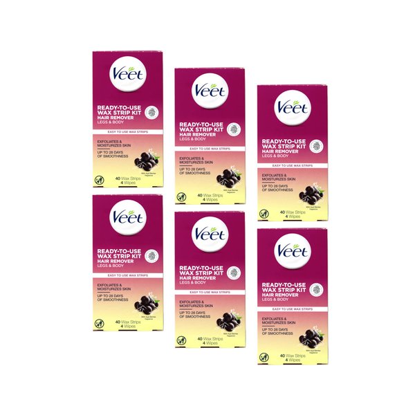 Veet Legs and Body Wax Strip Kit, 40 Wax Strips and 4 Wipes each (Value Pack of 6)