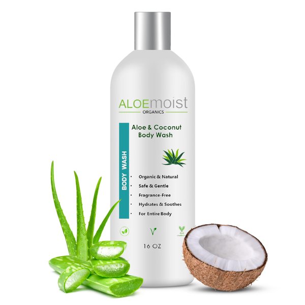 AloeMoist Organic Body Wash Moisturizing Shower Gel – Sensitive Skin Body Wash – No Added Scent, Dye or Gluten – Moisturizing Body Wash Women & Men w/Coconut, Aloe, Honey, Vitamin E