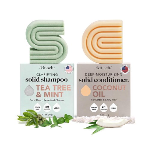 Kitsch Tea Tree Shampoo Bar Soap & Coconut Oil Hair Conditioner Bar, Clarifying Shampoo for Hair Grease, Cleansing & Moisturizing Organic Natural Soap, Zero Waste Travel Size Hair Care Set of 2 Pack