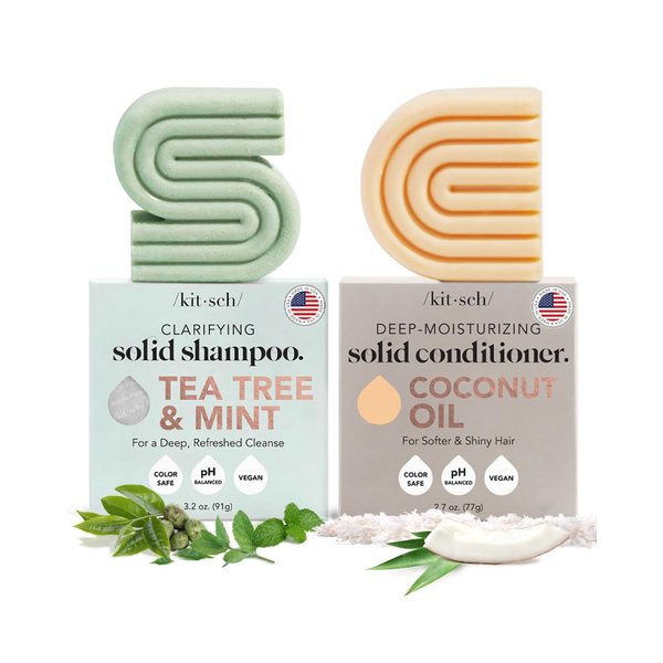Kitsch Tea Tree Shampoo Bar Soap & Coconut Oil Hair Conditioner Bar, Clarifying Shampoo for Hair Grease, Cleansing & Moisturizing Organic Natural Soap, Zero Waste Travel Size Hair Care Set of 2 Pack