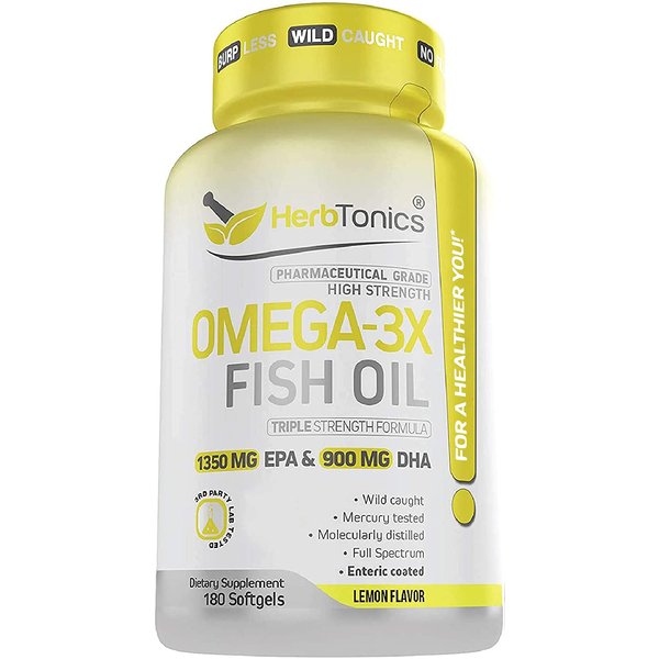 Herbtonics Triple Strength Omega 3 Fish Oil | HIGH EPA 1350MG + DHA 900MG | Heart Health & Joint Support - 180 Capsules