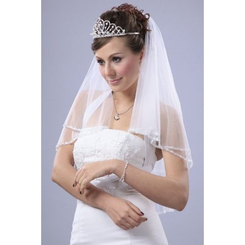 Bridal Veil White 2 Tier Elbow Length Edge Trimmed With Beads,Sequins,Crystals