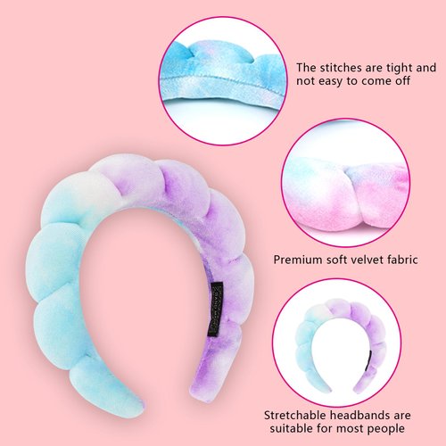 Semato Spa Headband and Wristband Set Skin Care Headband Fluffy Bow Face Wash Headband Hair Accessories Bubble Sponge Spa Headband for Women and Girls (tie dye-purple)