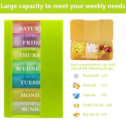 Pill Box 3 Times a Day Daily Pocket Pill Container Portable Travel Weekly Pill Organizer Stackable Pill Case for Vitamin, Fish Oils, Medication, Supplement (Green)