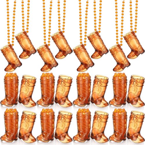 Sieral Boot Shot Glasses on Beaded Necklace Plastic Cowgirl Shot Glass Cup Necklace Bride and Groom Supply for Bachelorette Carnival Party Birthday Wedding Supply(Transparent Brown, 24 Pcs)