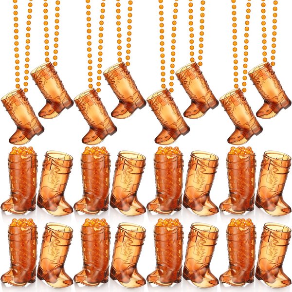 Sieral Boot Shot Glasses on Beaded Necklace Plastic Cowgirl Shot Glass Cup Necklace Bride and Groom Supply for Bachelorette Carnival Party Birthday Wedding Supply(Transparent Brown, 24 Pcs)
