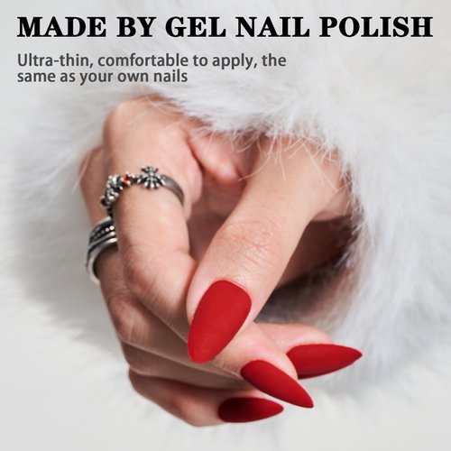 Wooyas Red Press on Nails Almond，Classic Red Nails Medium Matte Finish, Handmade Gel Fake Nails Reusable, Salon Perfect Almond Nails in 12 Sizes - 24 Pcs Glue On Nails Kit for Women Valentine's Gift