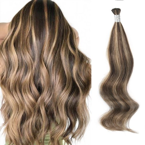 ABH AmazingBeauty Hair Tip Human Hair Extensions I Tip Hair Extensions Remy Hair 16 Inch Chocolate Brown Highlighted Caramel Blonde 50Gram/50Strands I Tip Fusion Human Hair Extensions Brown